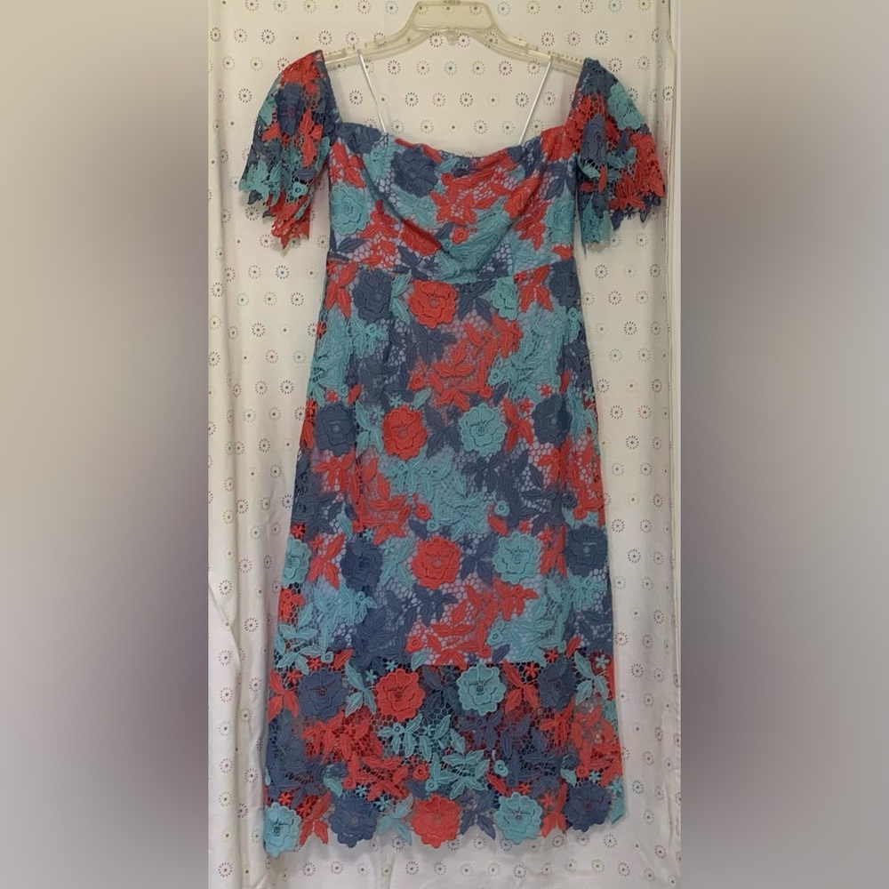 NWT Flirty Off Shoulder Lace Dress Pink Blue Lined Midi Shift Floral